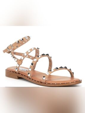 Steve Madden Sz 8.5 Travel Flat Sandals, Tan Studded Gladiator Ankle Wrap Style